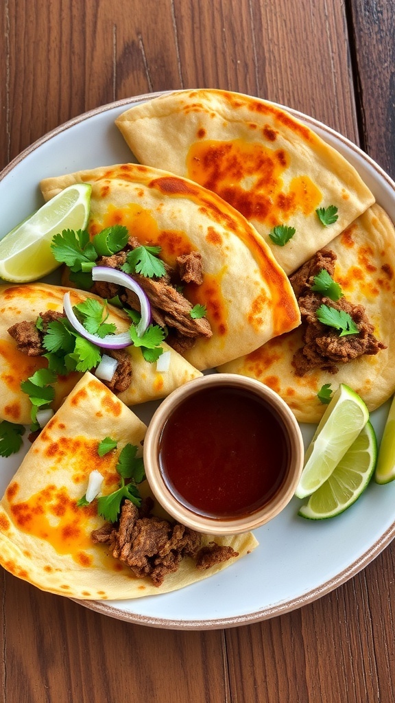 Crispy birria quesadillas filled with cheese and meat, garnished with cilantro and onions, served with lime and broth.